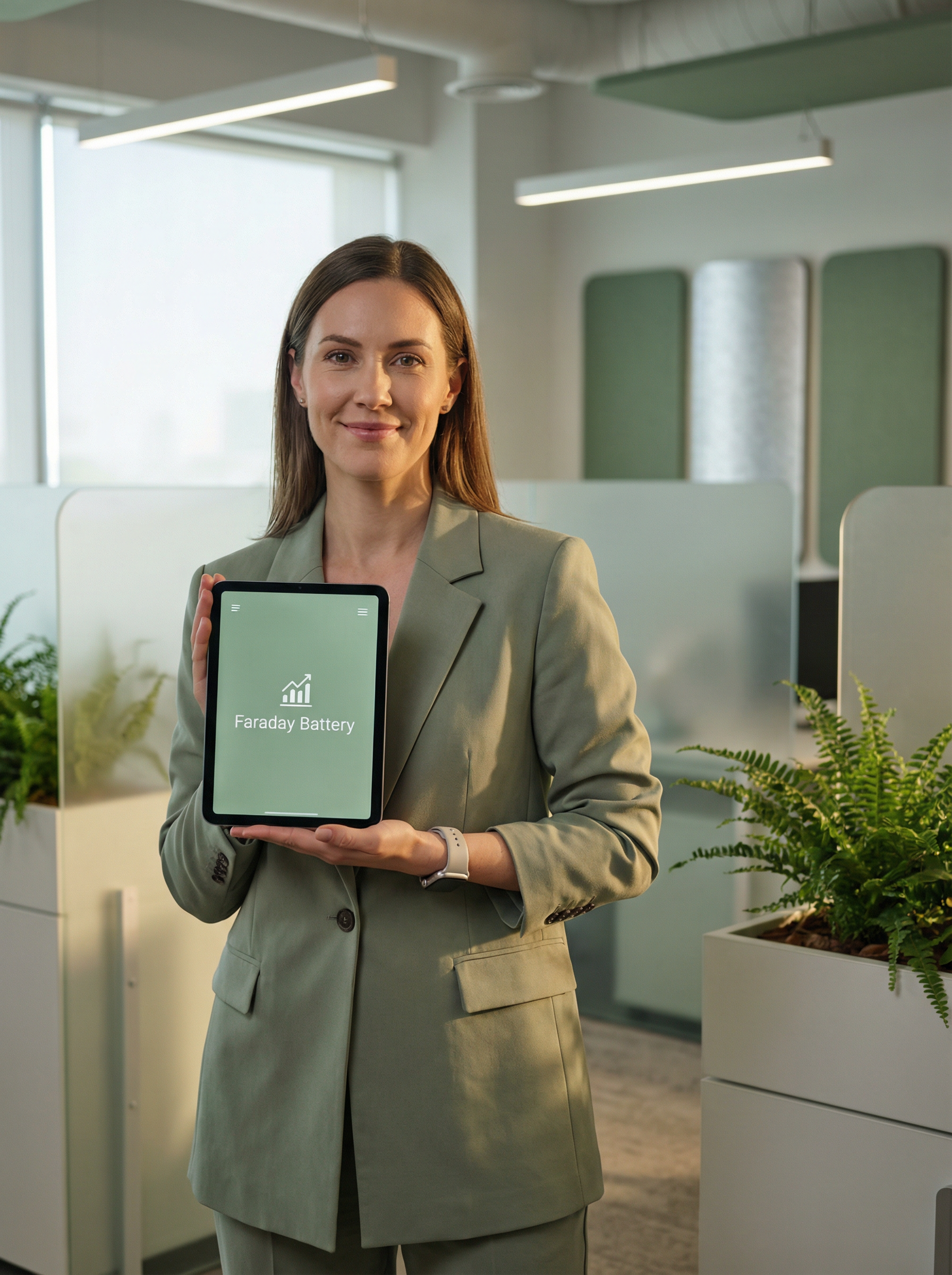 Business woman holding Faraday display tablet